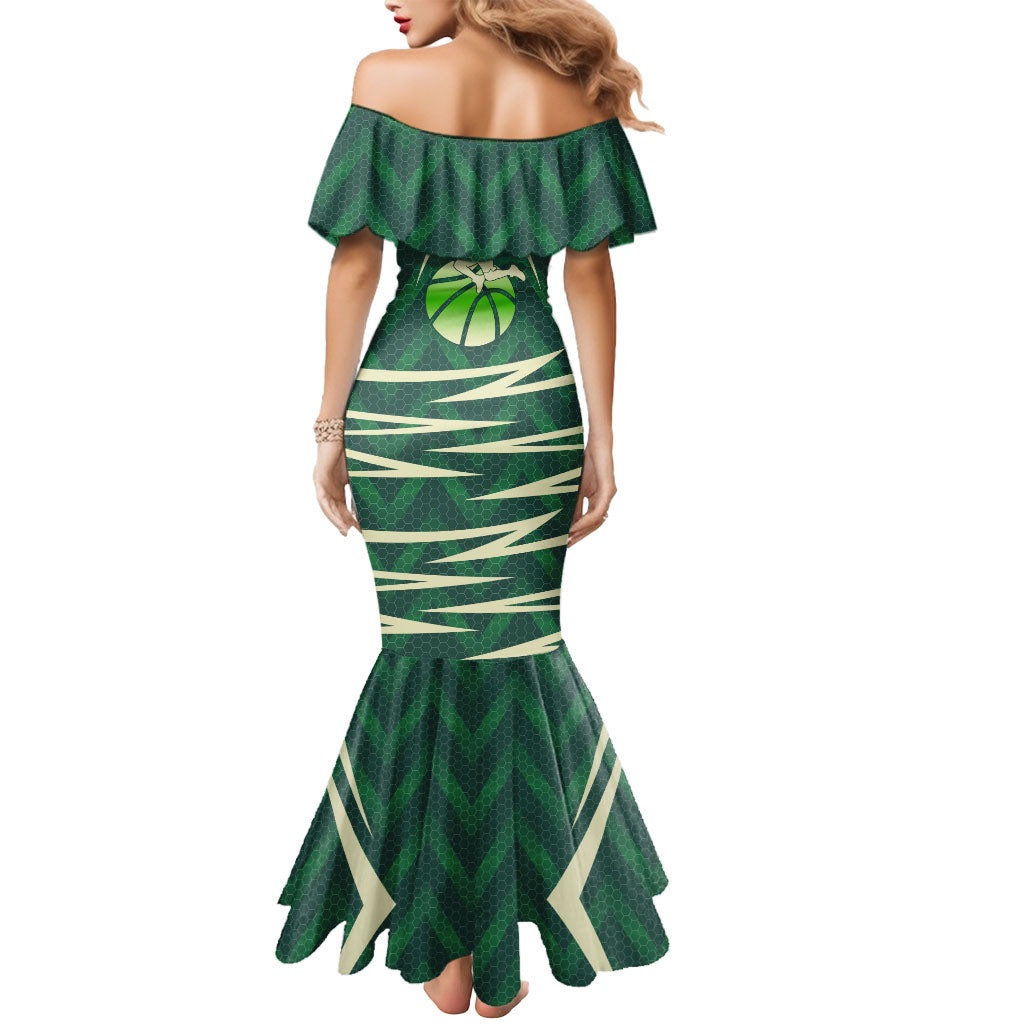 Australian Boomers Basketball Mermaid Dress Green Hexagon Camo Style With Dynamic Slam Dunk Graphic