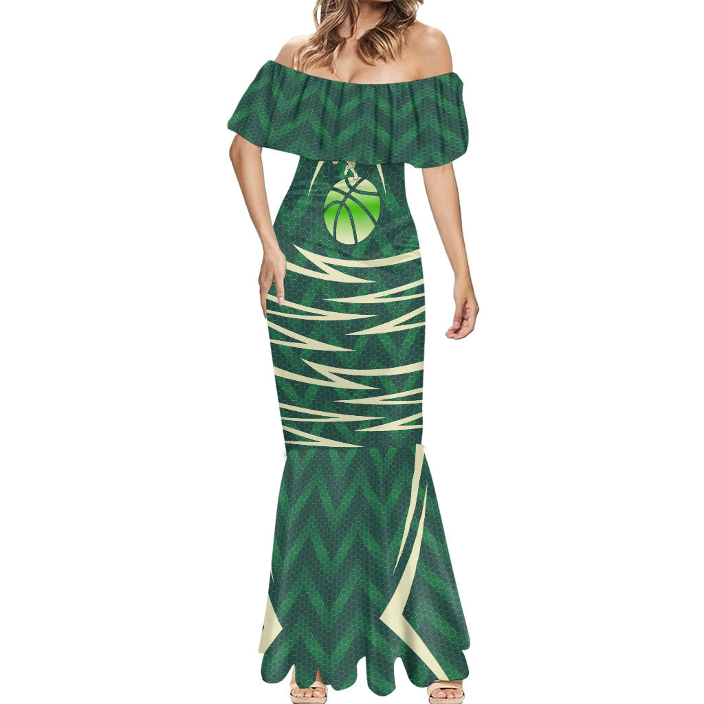 Australian Boomers Basketball Mermaid Dress Green Hexagon Camo Style With Dynamic Slam Dunk Graphic