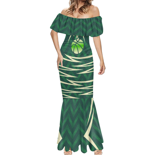 Australian Boomers Basketball Mermaid Dress Green Hexagon Camo Style With Dynamic Slam Dunk Graphic