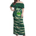 Australian Boomers Basketball Off Shoulder Maxi Dress Green Hexagon Camo Style With Dynamic Slam Dunk Graphic