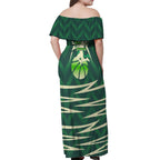 Australian Boomers Basketball Off Shoulder Maxi Dress Green Hexagon Camo Style With Dynamic Slam Dunk Graphic