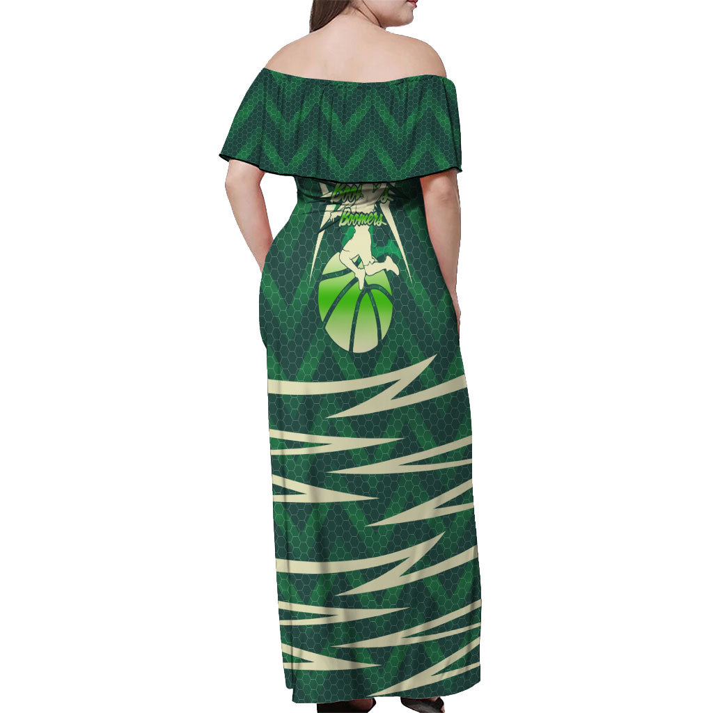 Australian Boomers Basketball Off Shoulder Maxi Dress Green Hexagon Camo Style With Dynamic Slam Dunk Graphic