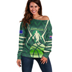 Australian Boomers Basketball Off Shoulder Sweater Green Hexagon Camo Style With Dynamic Slam Dunk Graphic