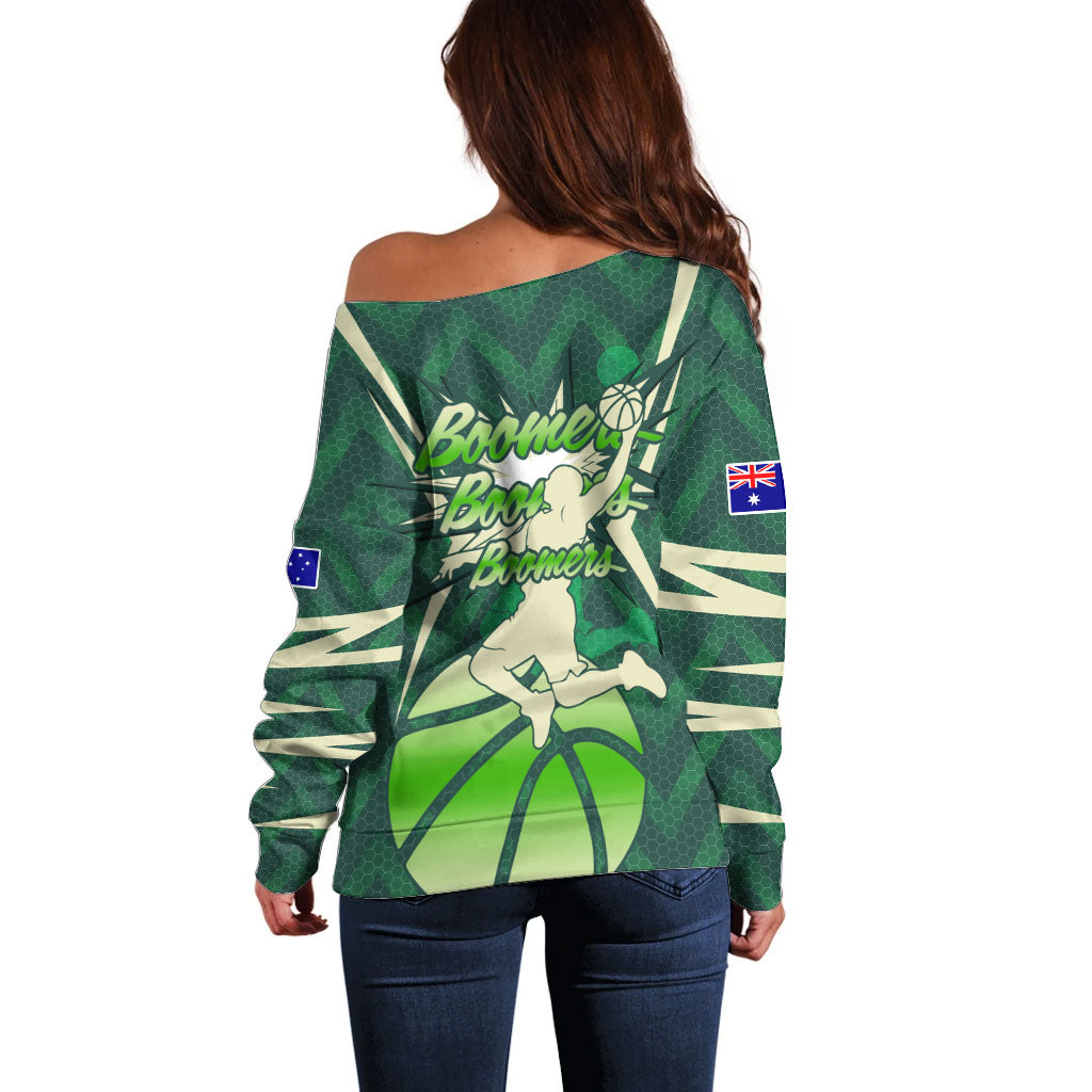 Australian Boomers Basketball Off Shoulder Sweater Green Hexagon Camo Style With Dynamic Slam Dunk Graphic