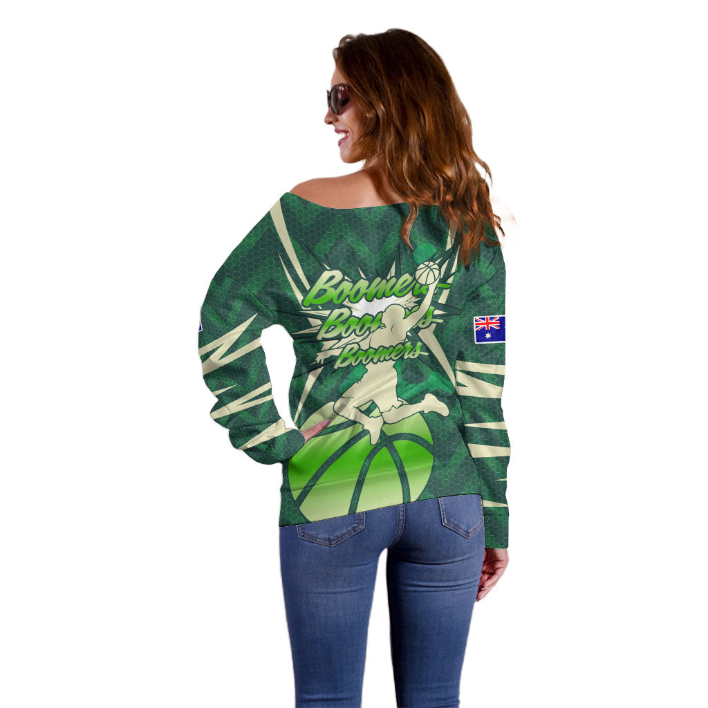 Australian Boomers Basketball Off Shoulder Sweater Green Hexagon Camo Style With Dynamic Slam Dunk Graphic