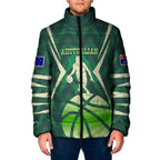 Australian Boomers Basketball Padded Jacket Green Hexagon Camo Style With Dynamic Slam Dunk Graphic