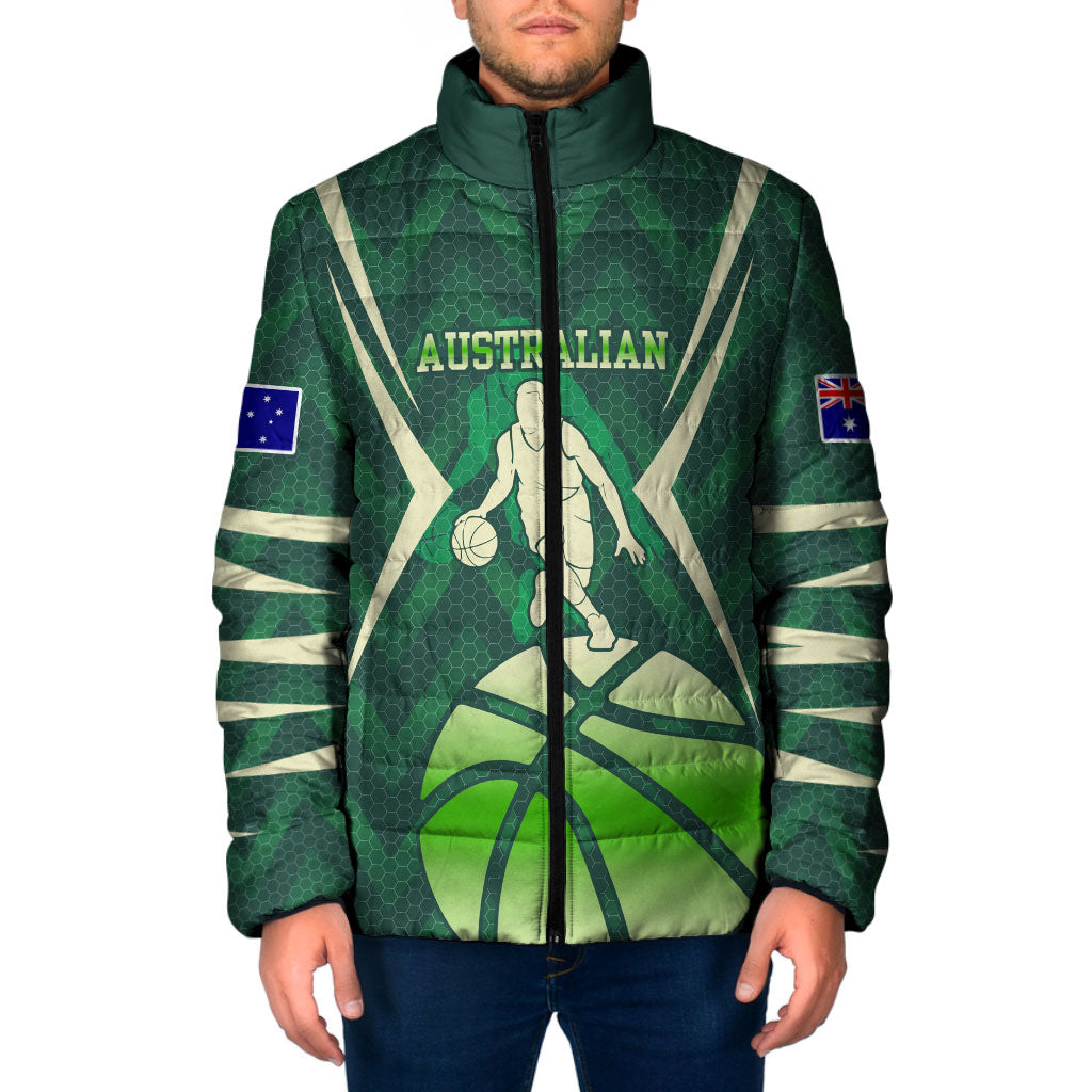 Australian Boomers Basketball Padded Jacket Green Hexagon Camo Style With Dynamic Slam Dunk Graphic