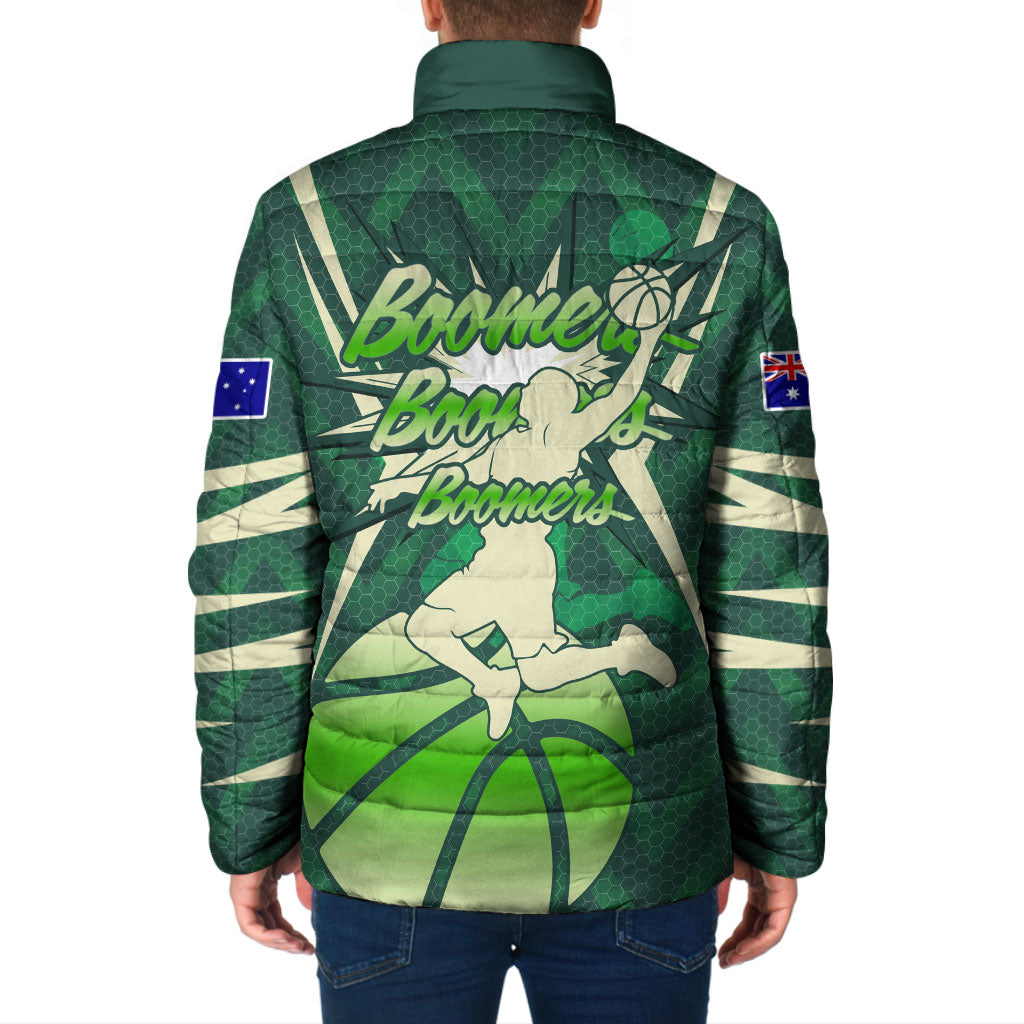 Australian Boomers Basketball Padded Jacket Green Hexagon Camo Style With Dynamic Slam Dunk Graphic