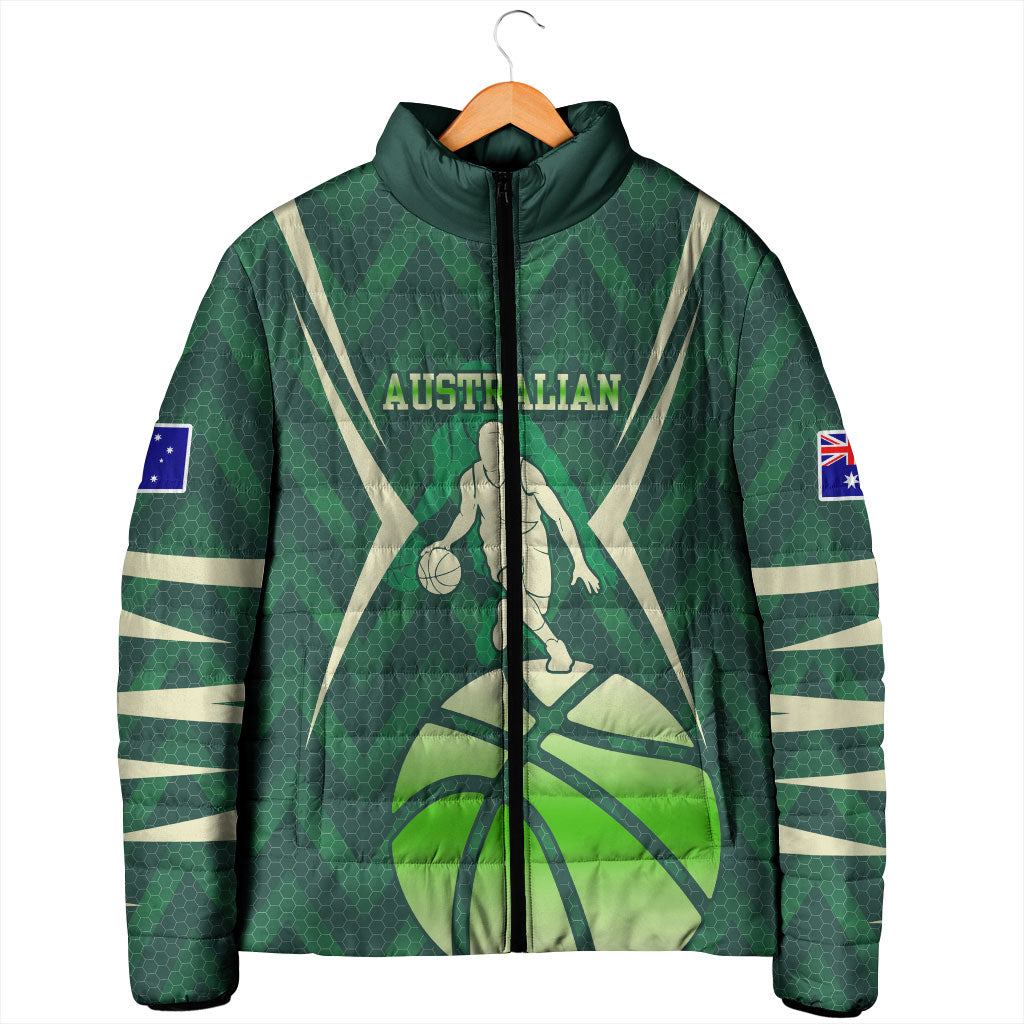 Australian Boomers Basketball Padded Jacket Green Hexagon Camo Style With Dynamic Slam Dunk Graphic