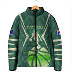 Australian Boomers Basketball Padded Jacket Green Hexagon Camo Style With Dynamic Slam Dunk Graphic