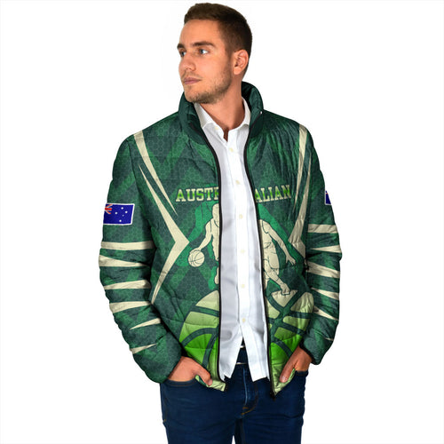Australian Boomers Basketball Padded Jacket Green Hexagon Camo Style With Dynamic Slam Dunk Graphic