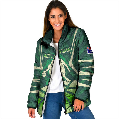 Australian Boomers Basketball Padded Jacket Green Hexagon Camo Style With Dynamic Slam Dunk Graphic