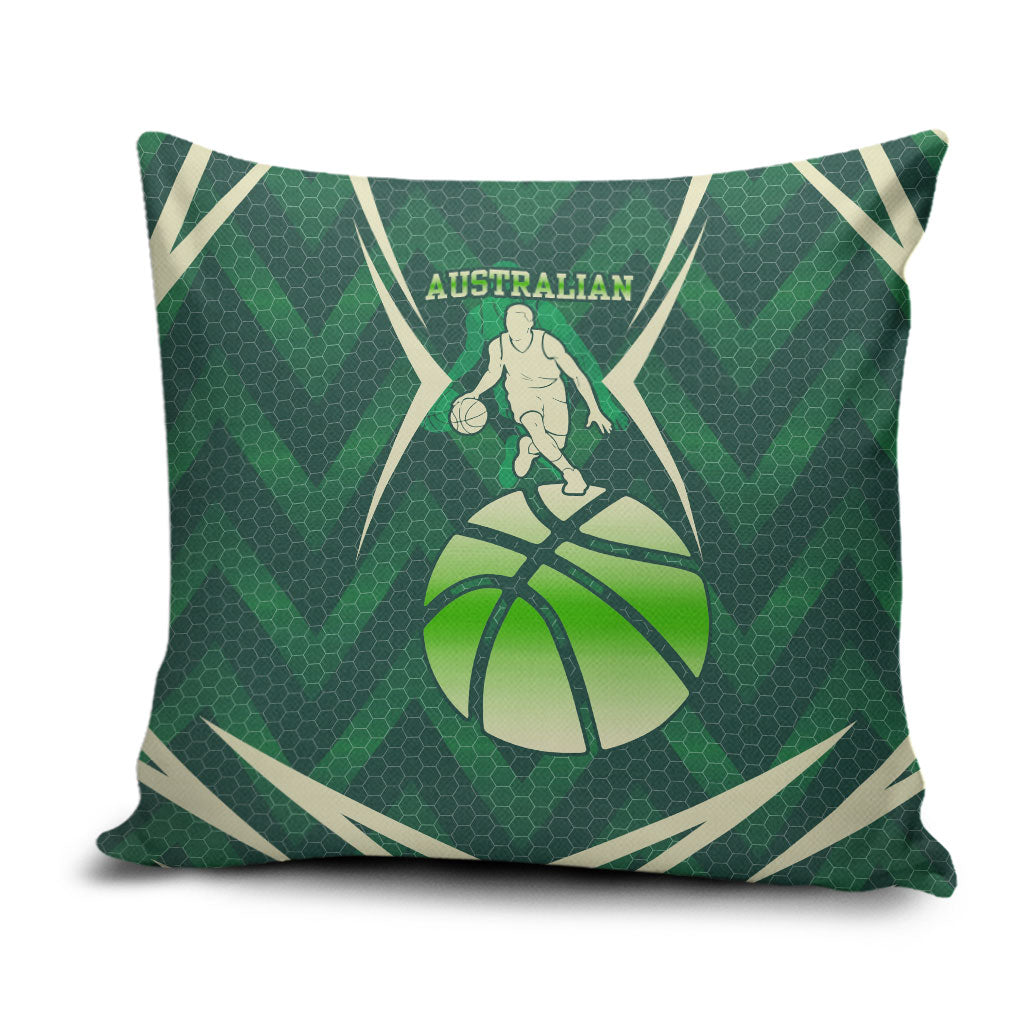 Australian Boomers Basketball Pillow Cover Green Hexagon Camo Style With Dynamic Slam Dunk Graphic