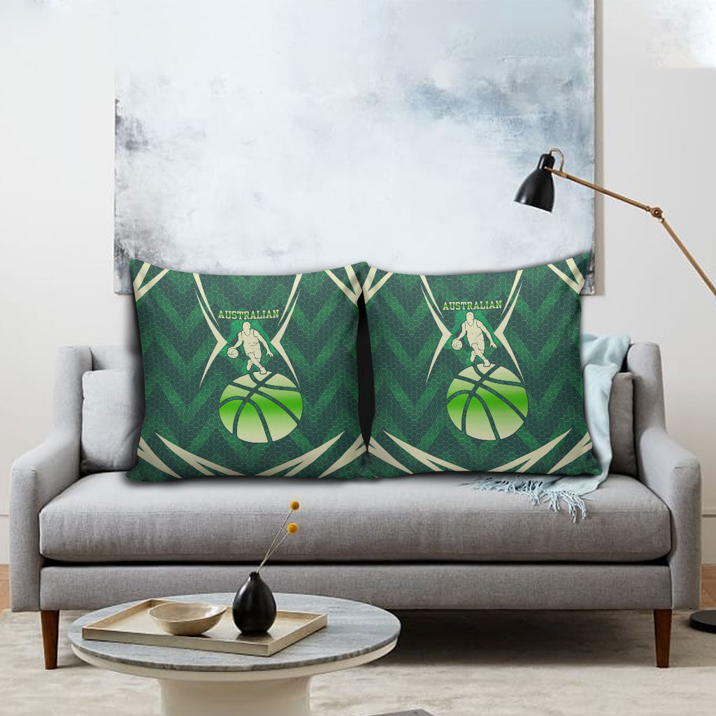 Australian Boomers Basketball Pillow Cover Green Hexagon Camo Style With Dynamic Slam Dunk Graphic