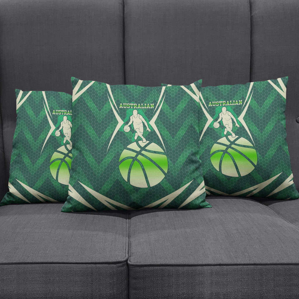 Australian Boomers Basketball Pillow Cover Green Hexagon Camo Style With Dynamic Slam Dunk Graphic