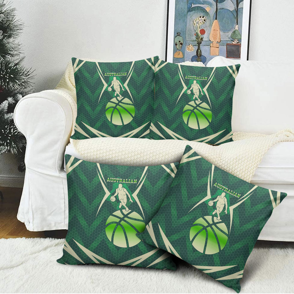 Australian Boomers Basketball Pillow Cover Green Hexagon Camo Style With Dynamic Slam Dunk Graphic