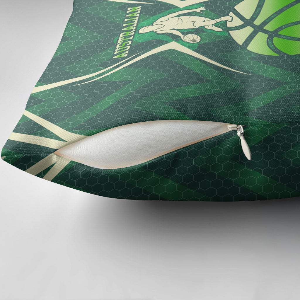 Australian Boomers Basketball Pillow Cover Green Hexagon Camo Style With Dynamic Slam Dunk Graphic