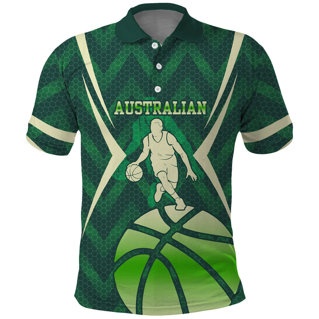 Australian Boomers Basketball Polo Shirt Green Hexagon Camo Style With Dynamic Slam Dunk Graphic