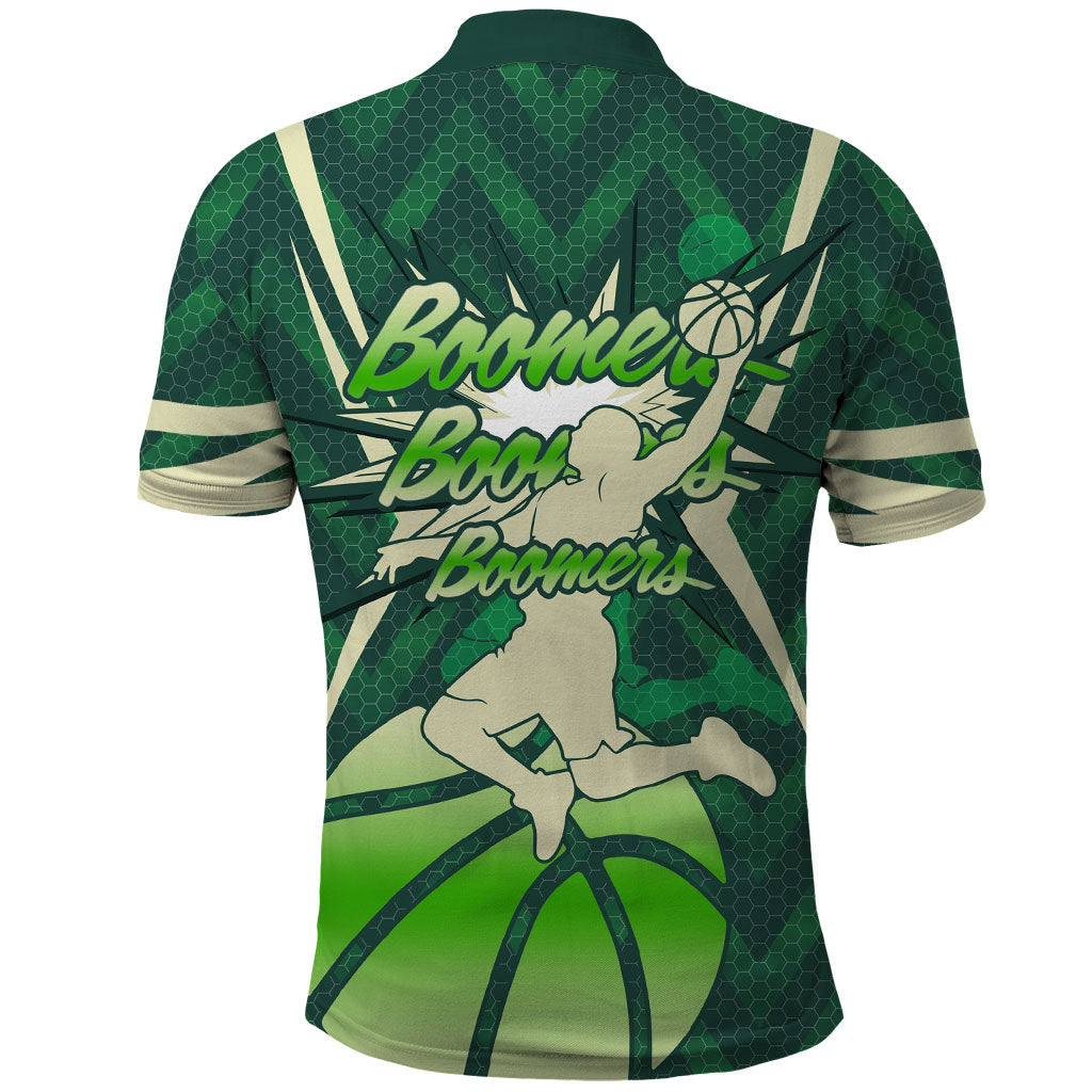 Australian Boomers Basketball Polo Shirt Green Hexagon Camo Style With Dynamic Slam Dunk Graphic