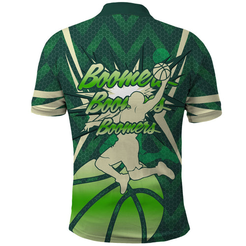 Australian Boomers Basketball Polo Shirt Green Hexagon Camo Style With Dynamic Slam Dunk Graphic