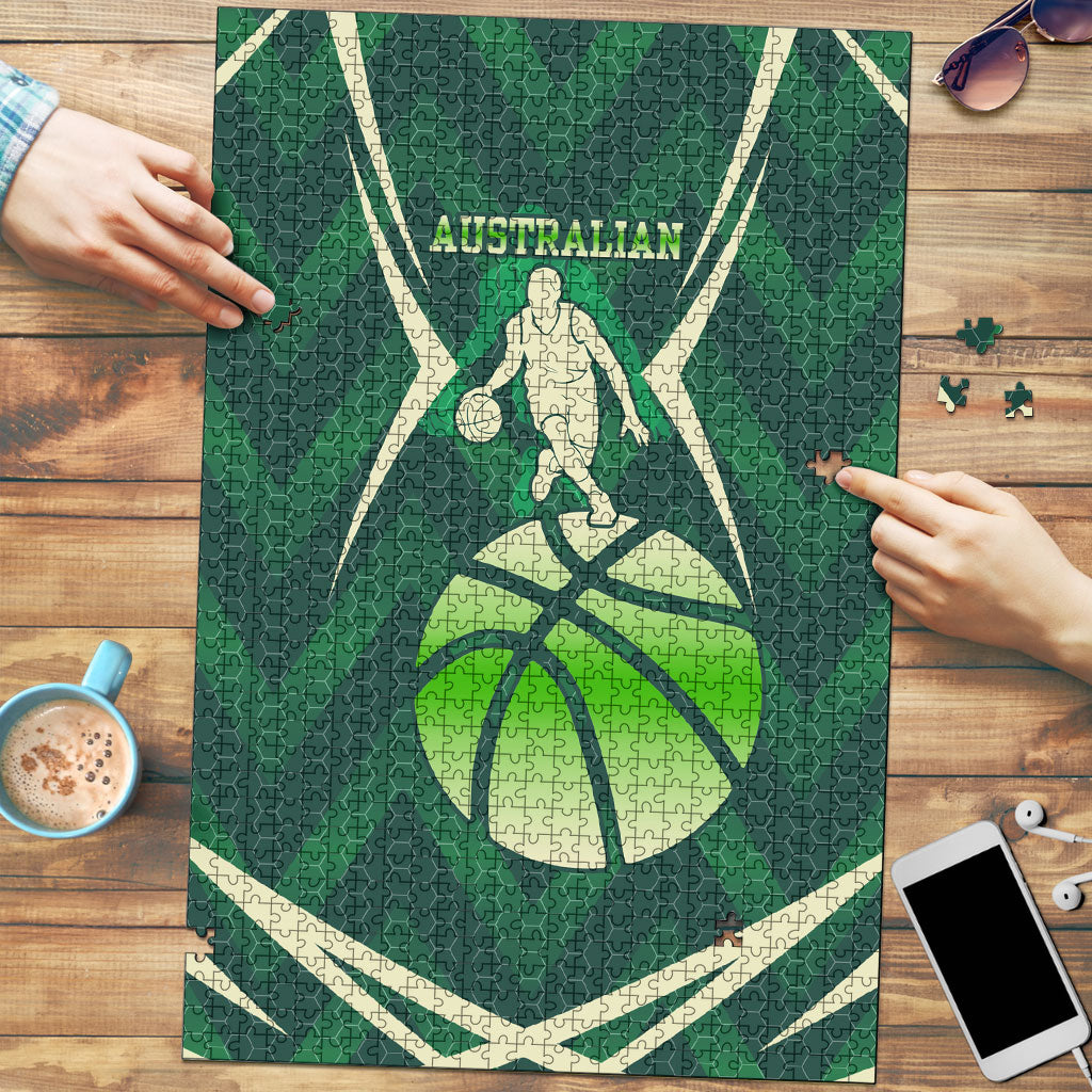 Australian Boomers Basketball Puzzle Green Hexagon Camo Style With Dynamic Slam Dunk Graphic