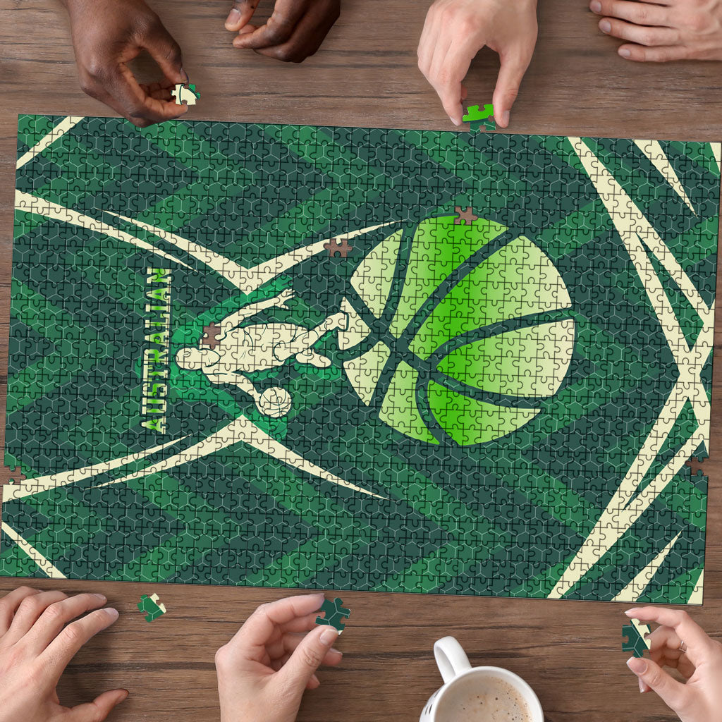 Australian Boomers Basketball Puzzle Green Hexagon Camo Style With Dynamic Slam Dunk Graphic