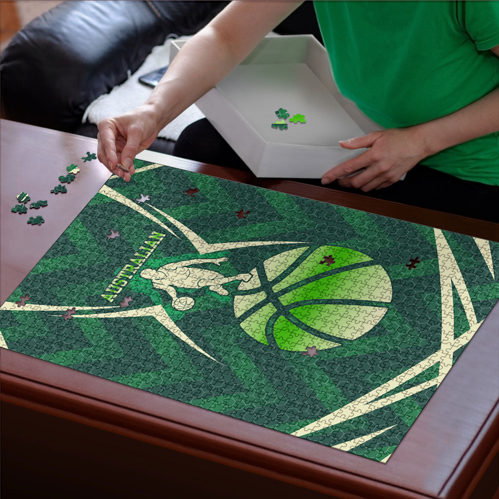 Australian Boomers Basketball Puzzle Green Hexagon Camo Style With Dynamic Slam Dunk Graphic