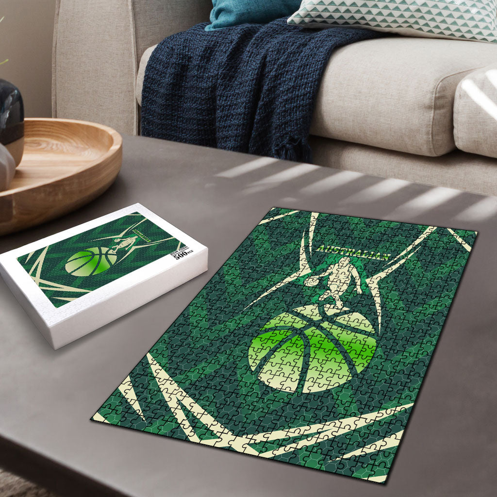 Australian Boomers Basketball Puzzle Green Hexagon Camo Style With Dynamic Slam Dunk Graphic