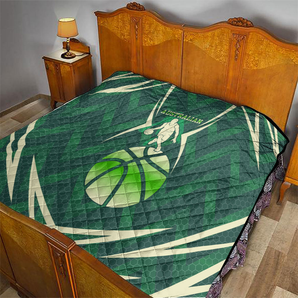 Australian Boomers Basketball Quilt Green Hexagon Camo Style With Dynamic Slam Dunk Graphic