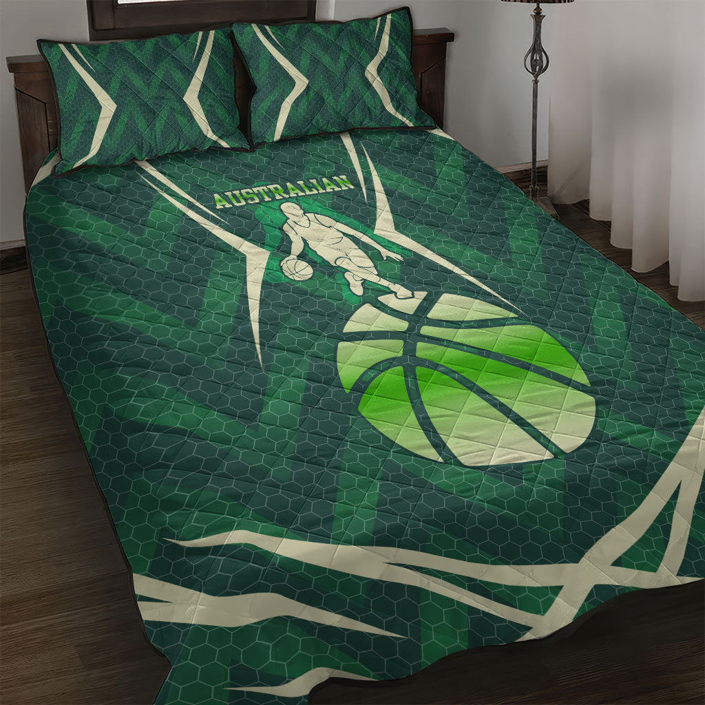 Australian Boomers Basketball Quilt Bed Set Green Hexagon Camo Style With Dynamic Slam Dunk Graphic