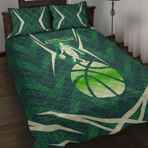 Australian Boomers Basketball Quilt Bed Set Green Hexagon Camo Style With Dynamic Slam Dunk Graphic