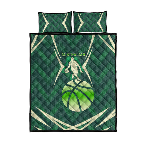 Australian Boomers Basketball Quilt Bed Set Green Hexagon Camo Style With Dynamic Slam Dunk Graphic