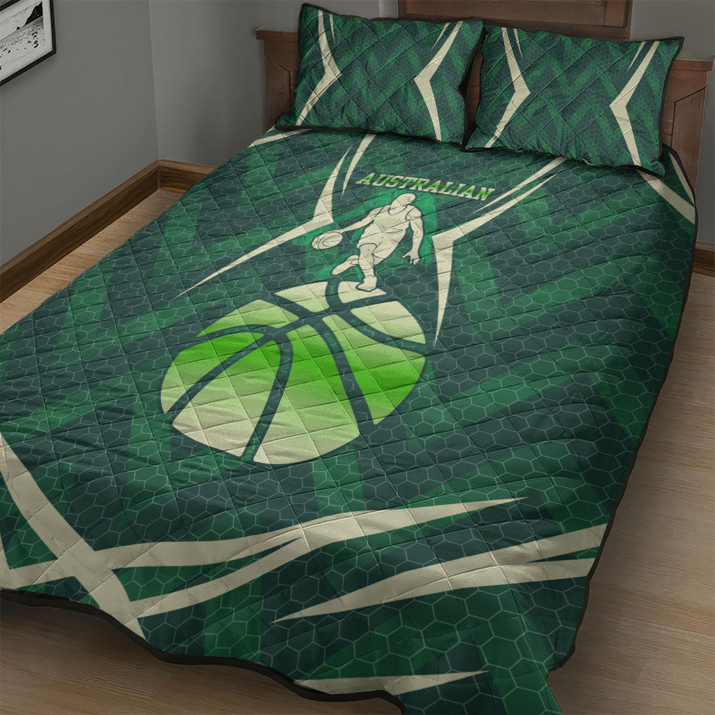 Australian Boomers Basketball Quilt Bed Set Green Hexagon Camo Style With Dynamic Slam Dunk Graphic