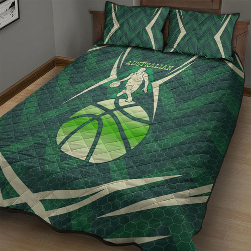 Australian Boomers Basketball Quilt Bed Set Green Hexagon Camo Style With Dynamic Slam Dunk Graphic