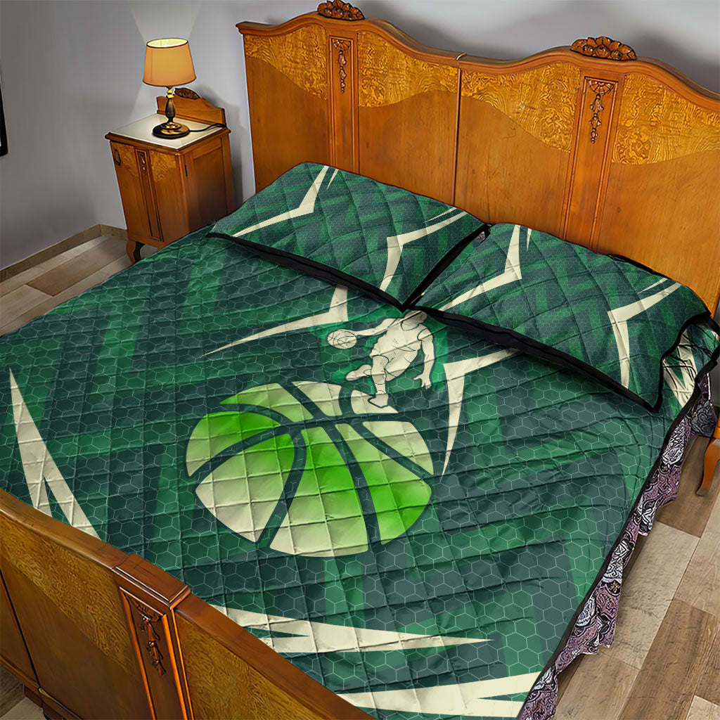 Australian Boomers Basketball Quilt Bed Set Green Hexagon Camo Style With Dynamic Slam Dunk Graphic