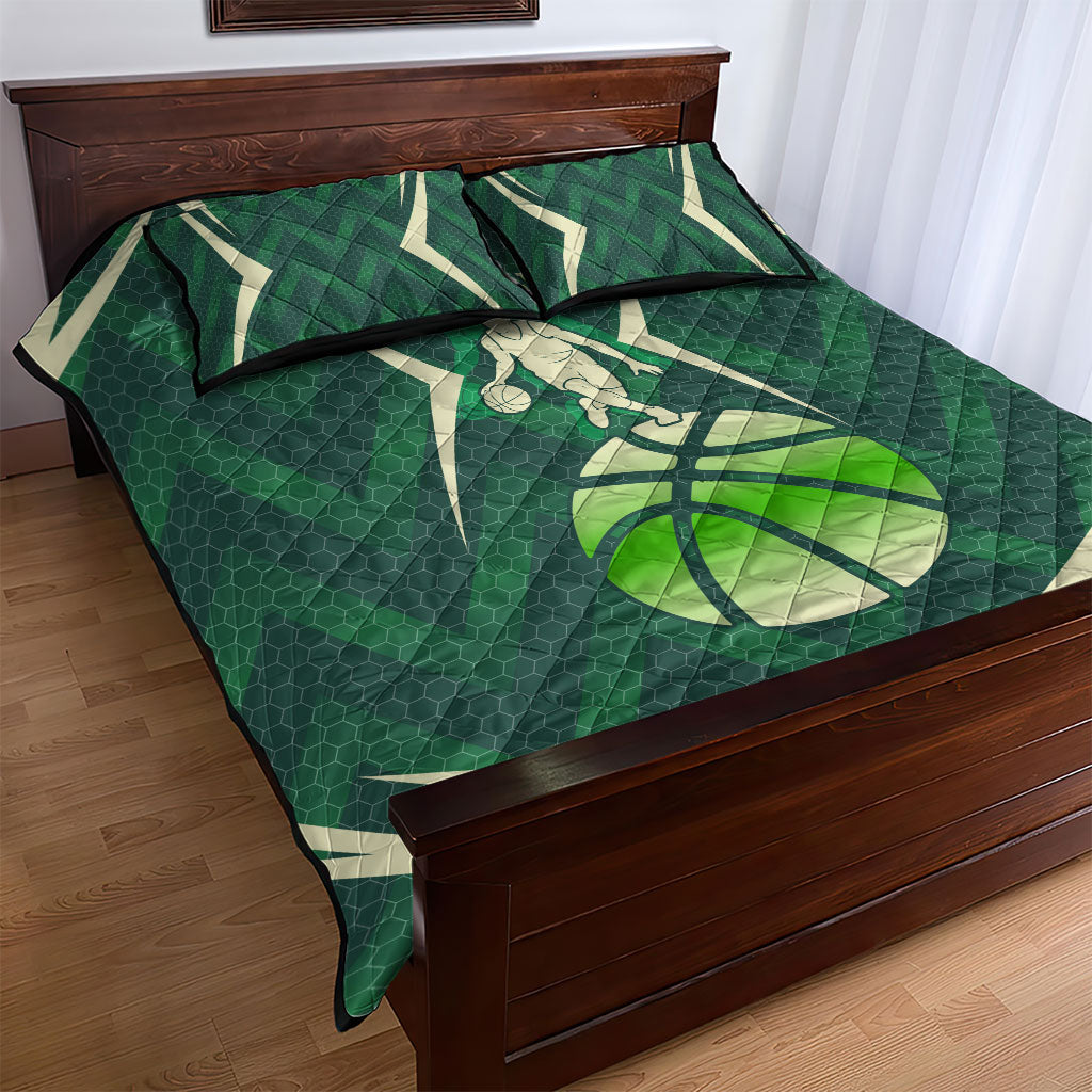 Australian Boomers Basketball Quilt Bed Set Green Hexagon Camo Style With Dynamic Slam Dunk Graphic