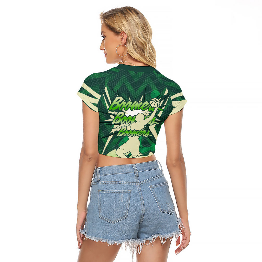 Australian Boomers Basketball Raglan Cropped T Shirt Green Hexagon Camo Style With Dynamic Slam Dunk Graphic