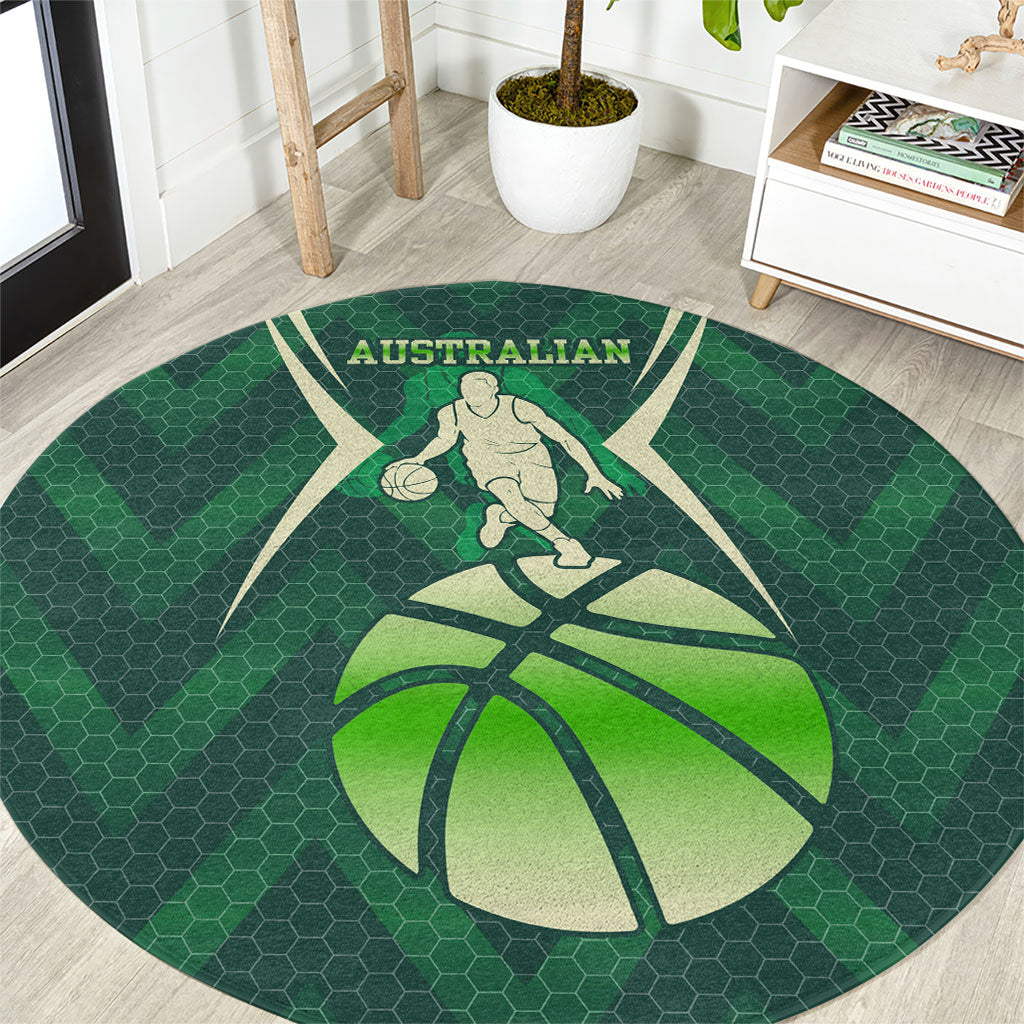 Australian Boomers Basketball Round Carpet Green Hexagon Camo Style With Dynamic Slam Dunk Graphic