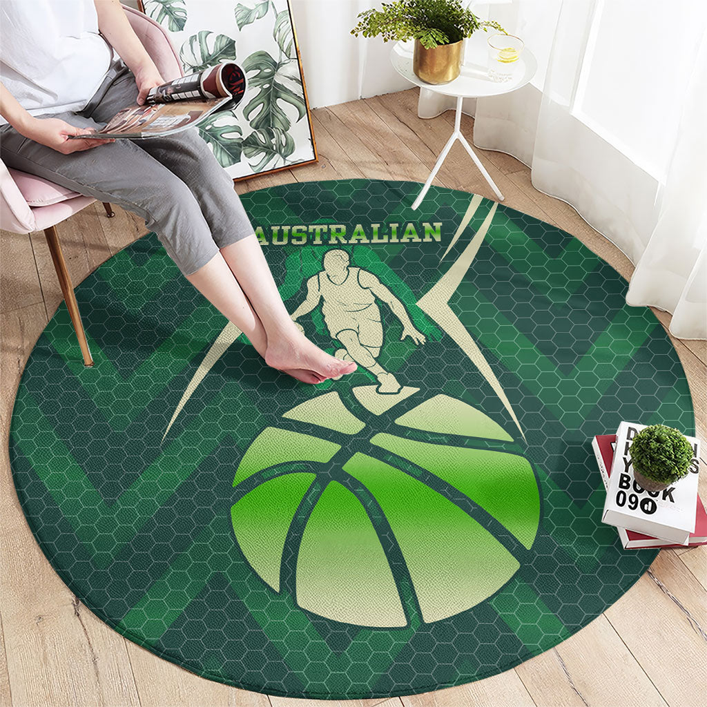 Australian Boomers Basketball Round Carpet Green Hexagon Camo Style With Dynamic Slam Dunk Graphic
