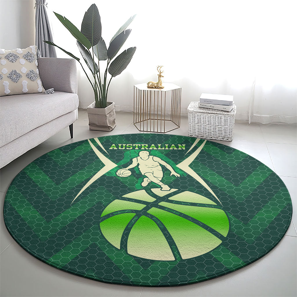 Australian Boomers Basketball Round Carpet Green Hexagon Camo Style With Dynamic Slam Dunk Graphic