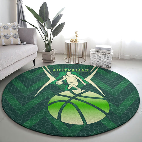Australian Boomers Basketball Round Carpet Green Hexagon Camo Style With Dynamic Slam Dunk Graphic