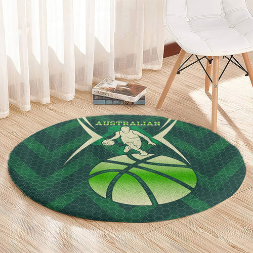 Australian Boomers Basketball Round Carpet Green Hexagon Camo Style With Dynamic Slam Dunk Graphic