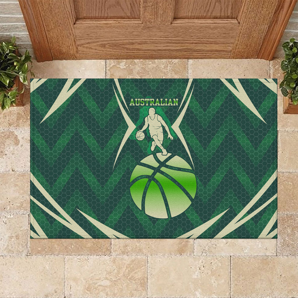 Australian Boomers Basketball Rubber Doormat Green Hexagon Camo Style With Dynamic Slam Dunk Graphic