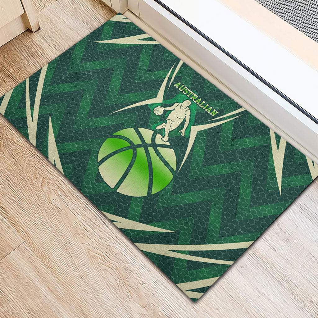 Australian Boomers Basketball Rubber Doormat Green Hexagon Camo Style With Dynamic Slam Dunk Graphic