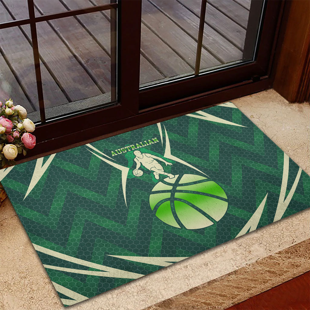 Australian Boomers Basketball Rubber Doormat Green Hexagon Camo Style With Dynamic Slam Dunk Graphic