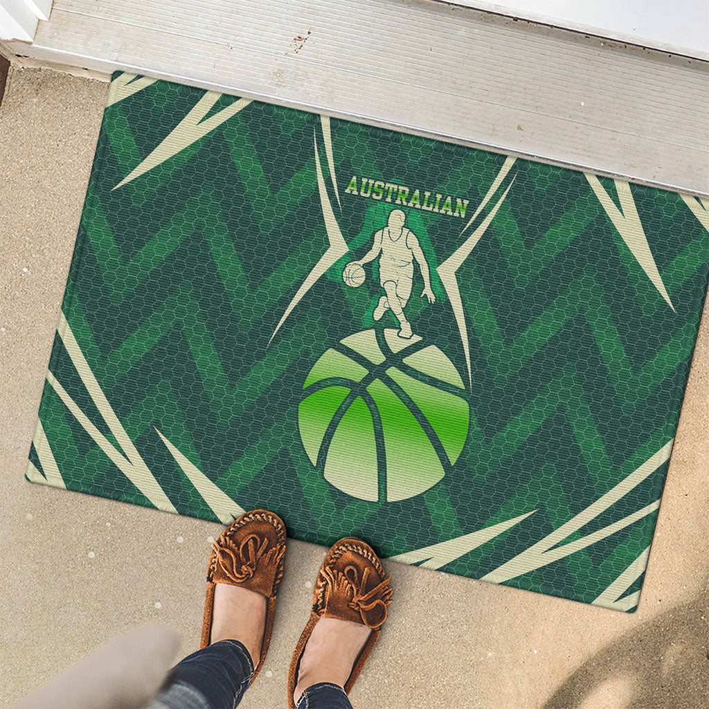 Australian Boomers Basketball Rubber Doormat Green Hexagon Camo Style With Dynamic Slam Dunk Graphic