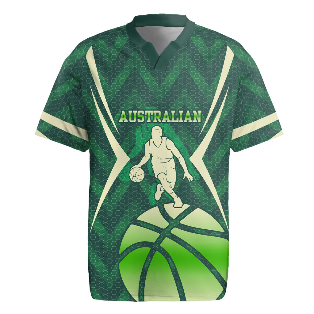 Australian Boomers Basketball Rugby Jersey Green Hexagon Camo Style With Dynamic Slam Dunk Graphic