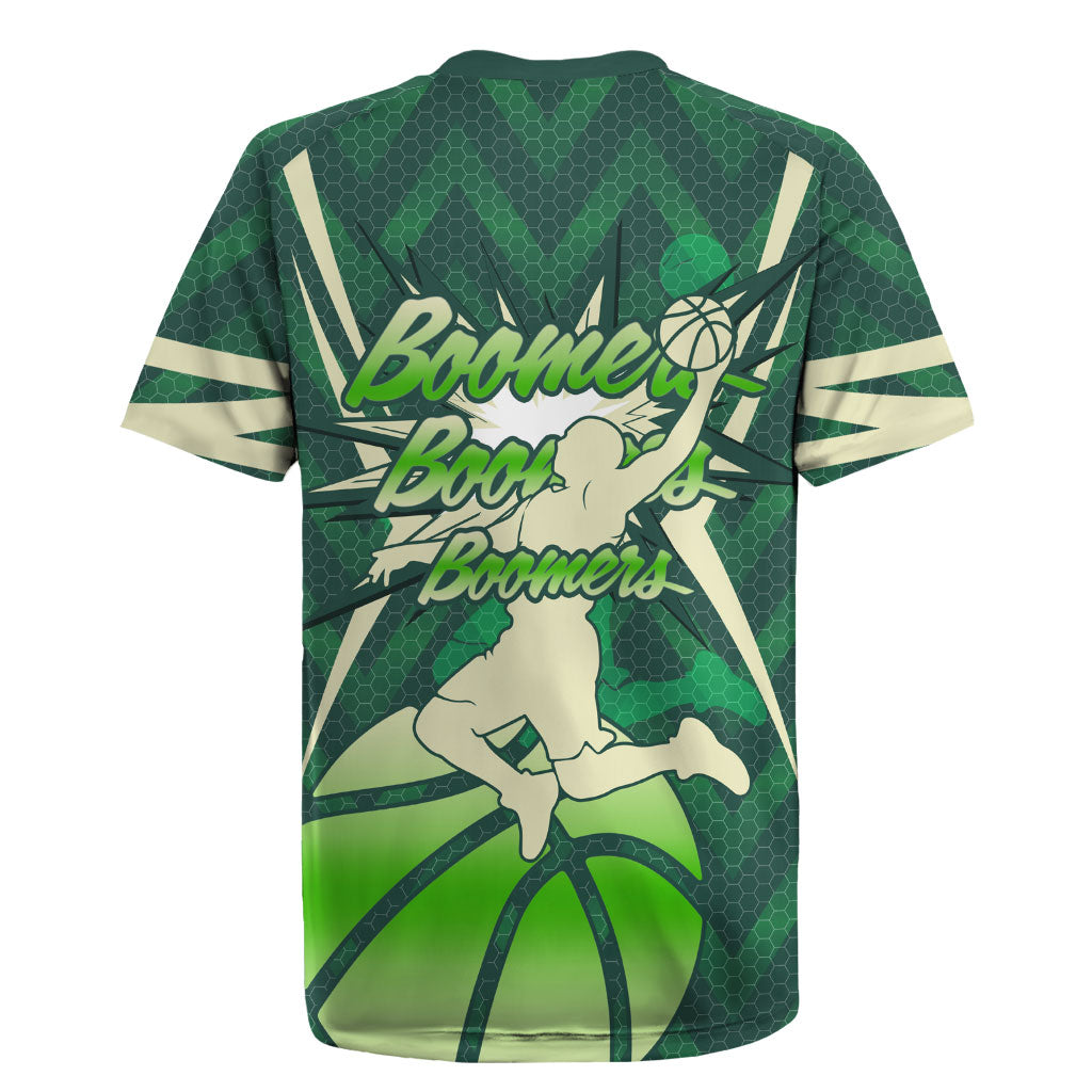 Australian Boomers Basketball Rugby Jersey Green Hexagon Camo Style With Dynamic Slam Dunk Graphic