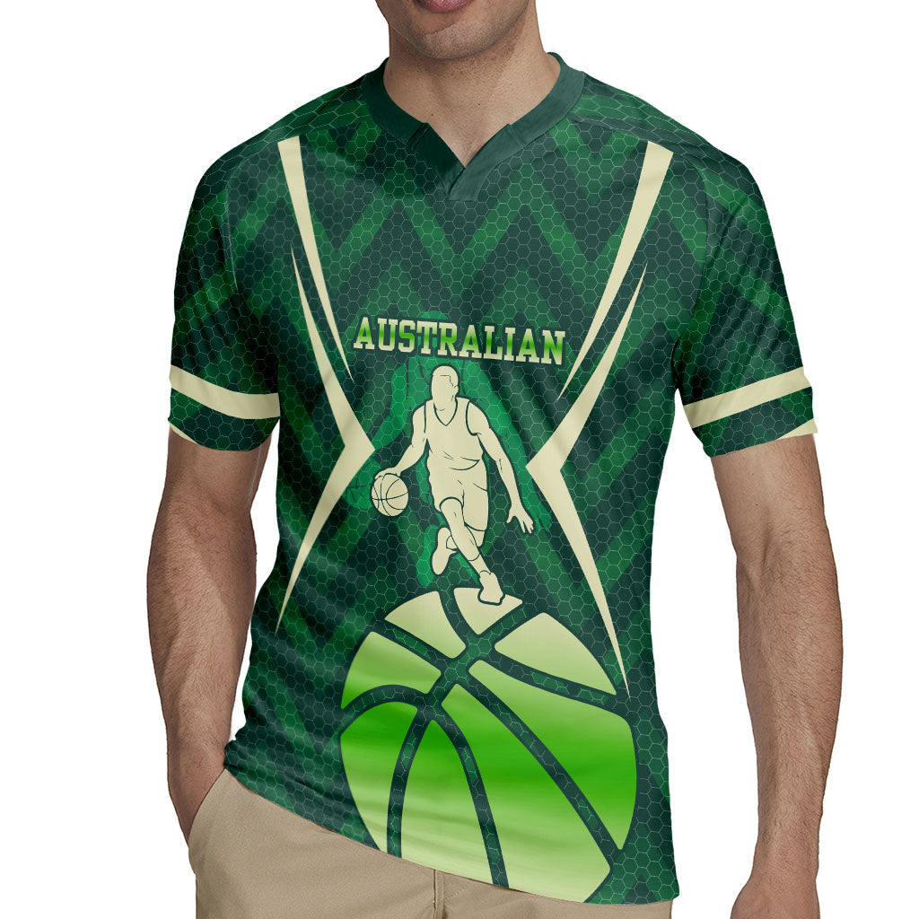 Australian Boomers Basketball Rugby Jersey Green Hexagon Camo Style With Dynamic Slam Dunk Graphic
