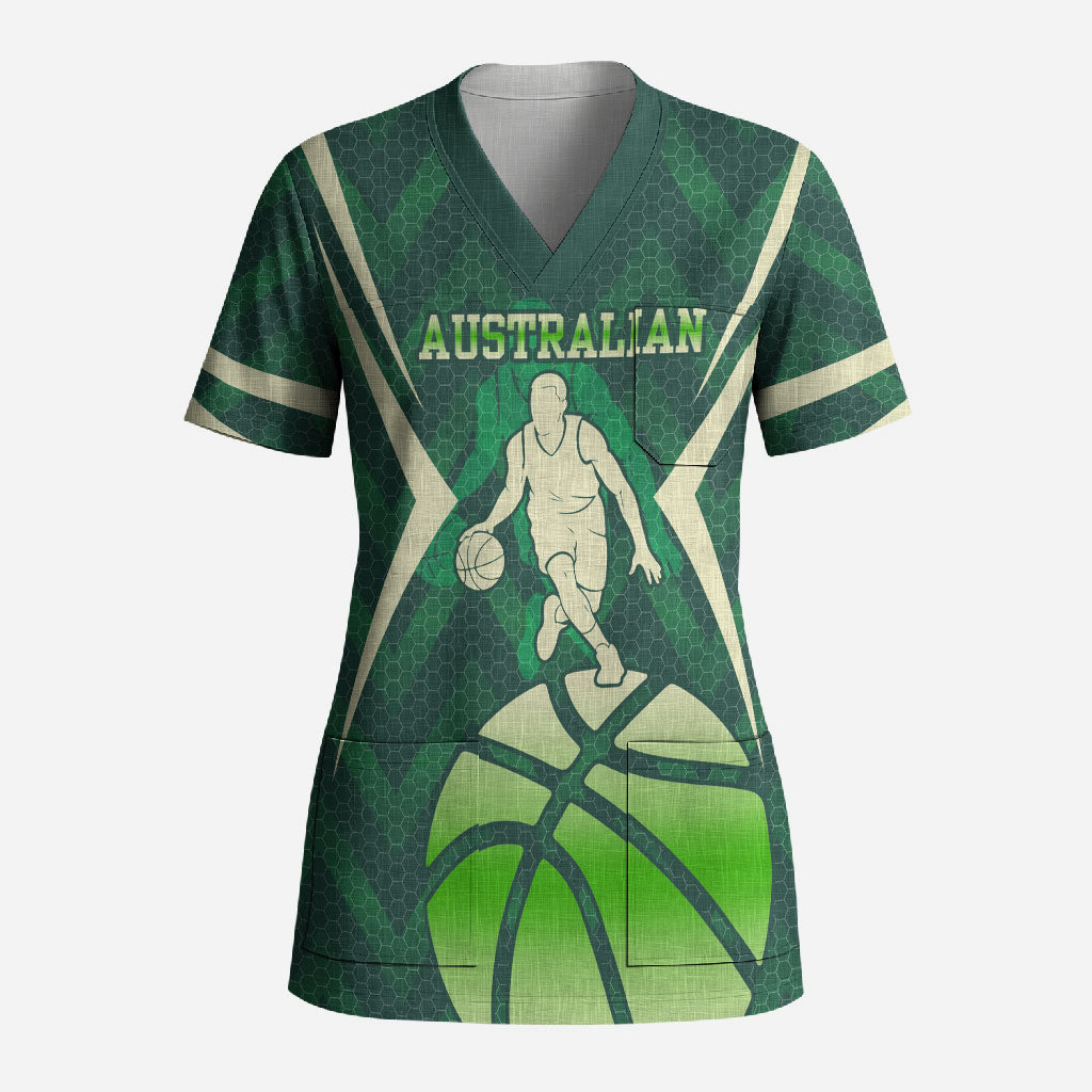 Australian Boomers Basketball Scrub Top Green Hexagon Camo Style With Dynamic Slam Dunk Graphic